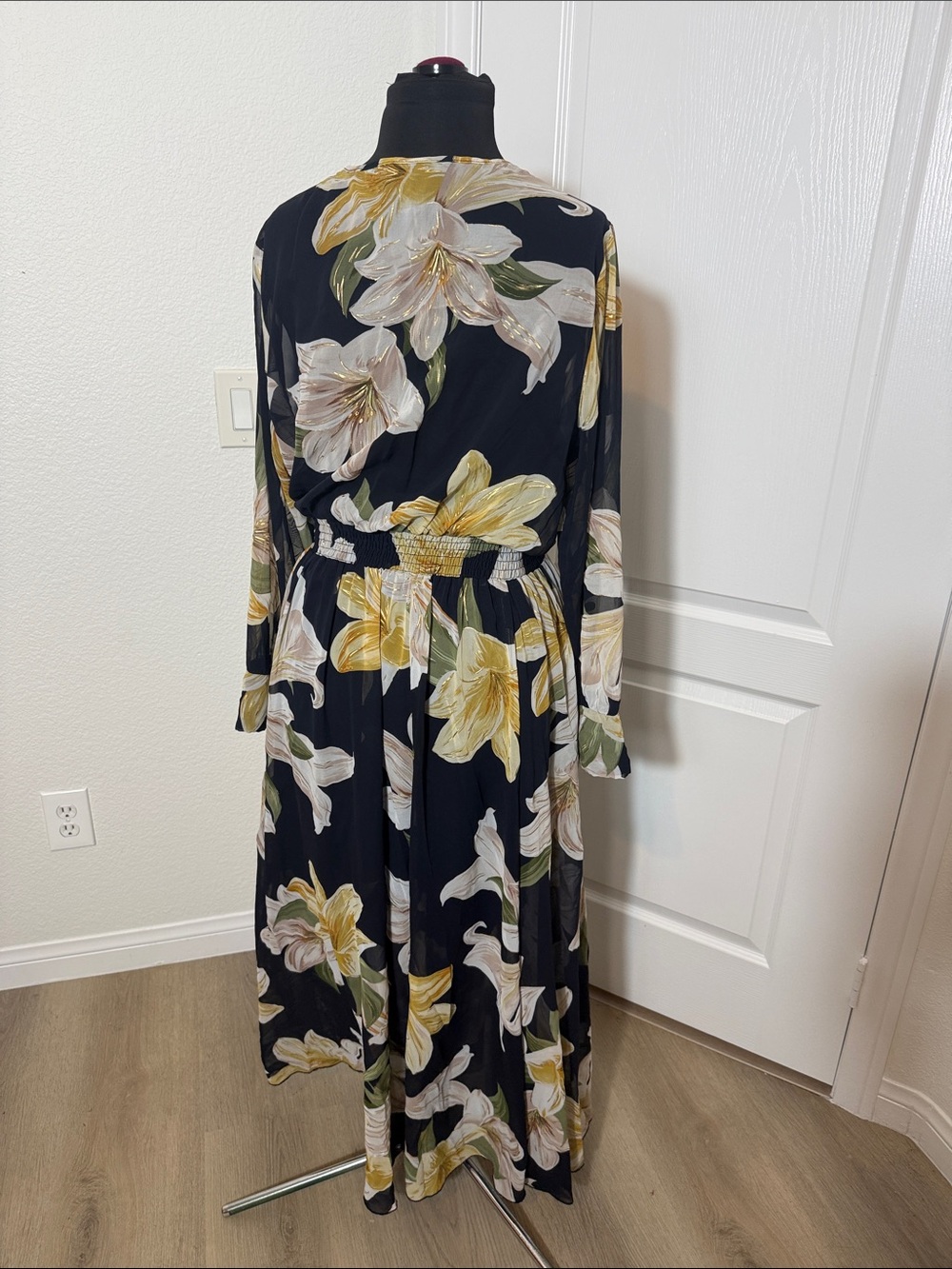 Black Floral Wrap Maxi Dress with Yellow Accents - Picture 5 of 7